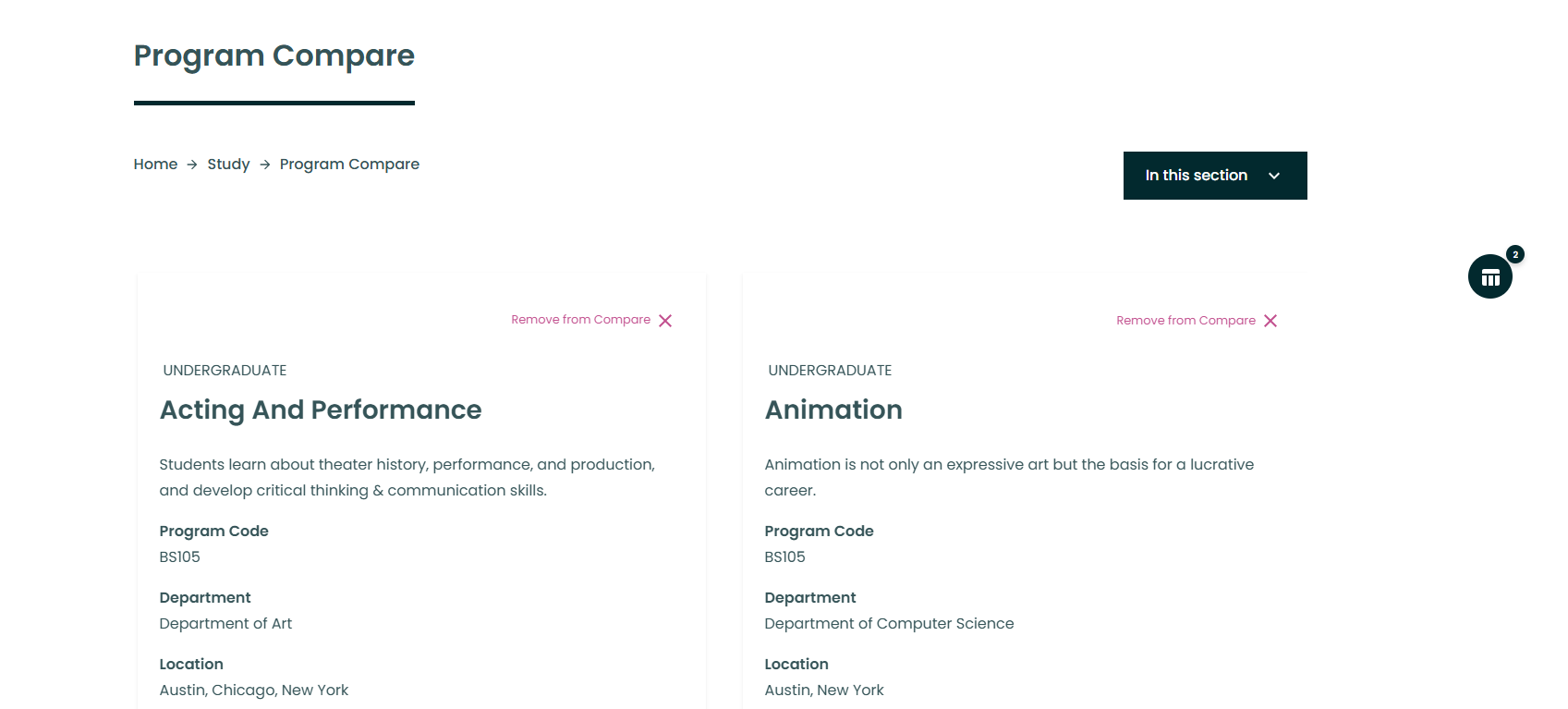Screenshot of the Program Compare page